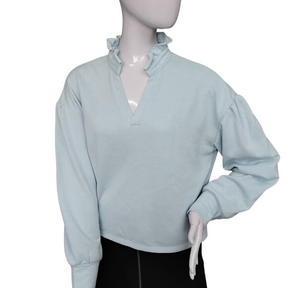 ALYA Romantic Cut Sweatshirt Size Medium Pastel Blue Ruffle V Neck Puffy Sleeves - Picture 1 of 8